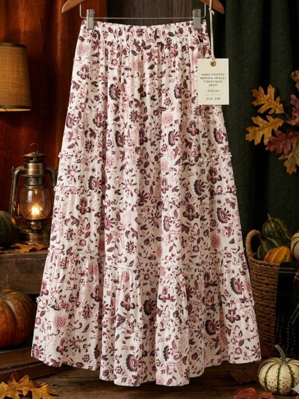 LOFT Floral Tiered Maxi Skirt Cream Burgundy Black  Motif in like new condition